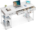 ODK 47 Small Office Computer Desk: Home Table with Drawers Wood Storage Shelves Modern Work Writing Desk White + White Leg