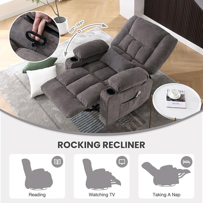 BOSMILLER Oversized Recliner Chair for Adults with Vibration Massage and Lumbar Heating Swivel Rocker Recliner with Cup Holder and USB Charge Port for Living Room