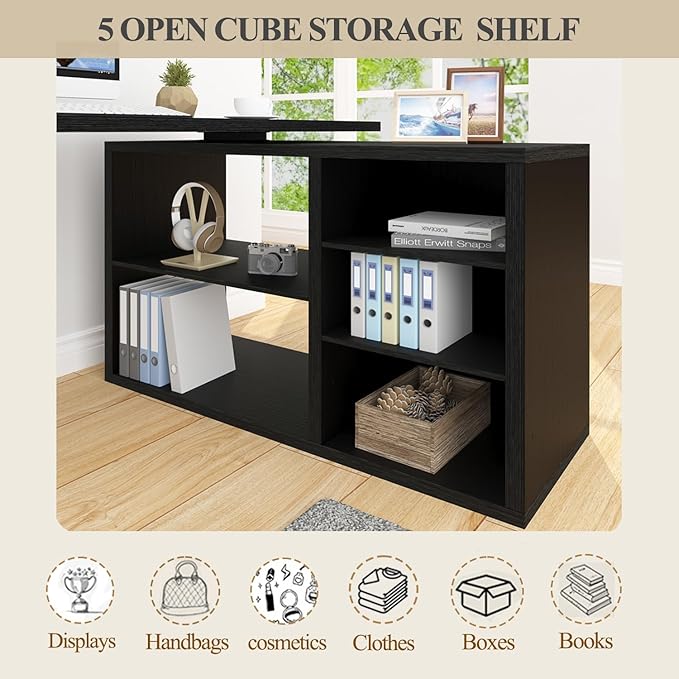 HSH Black L Shaped Computer Desk Corner Desk with Storage Cabinet Shelves Reversible Industrial Wood Executive Workstation L-Shaped Home Office Table for Work Study Writing Gaming 55 Inch
