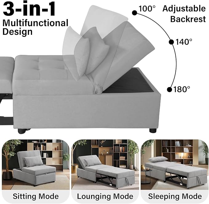 Folding Ottoman Sleeper Sofa Bed Convertible Chair Bed 4 in 1 Multi-Function Modern Linen Fabric with Adjustable Backrest for Living Room/Small Apartment