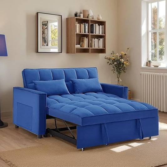 3 in 1 Convertible Sleeper Sofa Bed 54'' Full Size Velvet Pull Out Futon Couch Recliner with Reclining Backrest &amp 2 Pillows Small Loveseat Lounge Couches for Small Spaces (Dark Blue)