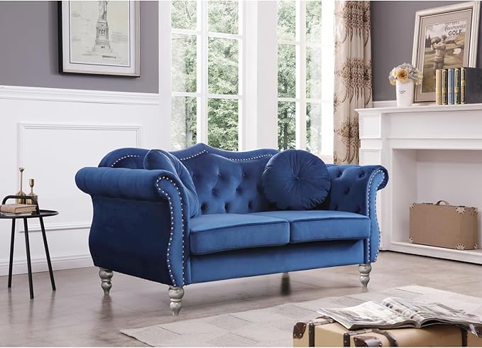 Velvet Loveseat 68 Wide Dark Gray - Hollywood Regency Style Sofa Navy Blue