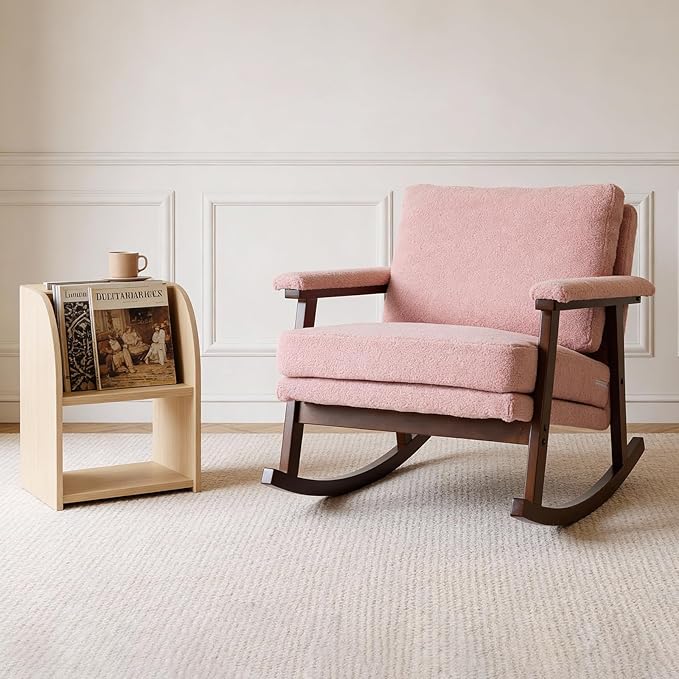 Rocking Chair for Nursery Living Room &amp Bedroom Upholstered Accent Chair with Solid Rubberwood Frame Cozy Reading Chair for Small Spaces Pink