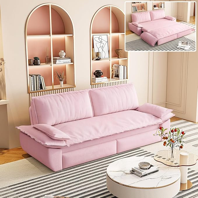 73.2 Queen Size 3-in-1 Convertible Pull Out Sofa Bed with Wheels Multi-Functional Velvet Loveseat Bed for Living Room and Bedroom (Pink)