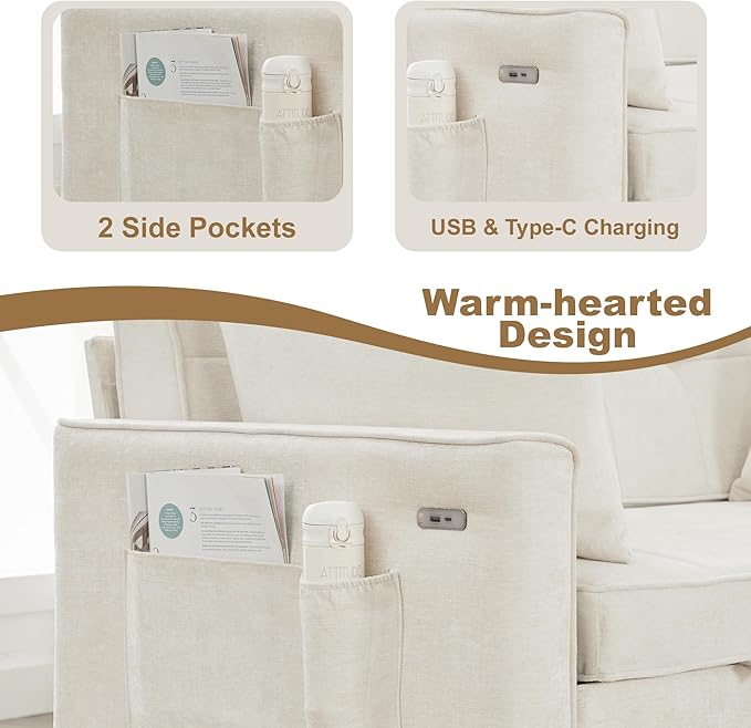 Tbfit 57 Convertible Sofa Bed Chenille Futon Sleeper Sofa Couch with Pullout Bed USB &amp Adjustable Backrest Full Size Pull Out Loveseat Couches for Living Room Apartment Office Dorm Beige