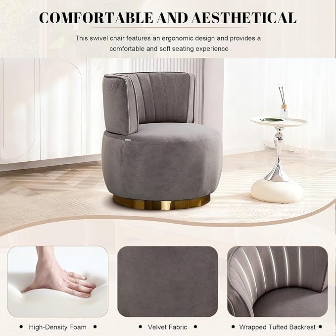 360 Degree Swivel Accent Chair Comfy Round Swivel Barrel Chair with Mental Base Upholstered Cozy Reading Armchairs Modern Lounge Sofa Chairs for Living Room Bedroom Club Office(Velvet Gray)