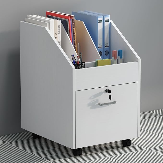 Mobile File Cabinet with LockUnder Desk Rolling File Cabinets for Home OfficeWood Filing Cabinet (White)