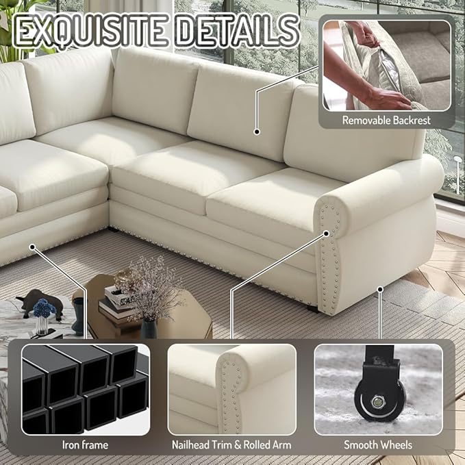 118'' Sleeper Sofa Bed with Pull Out Couch Bed Chenille L Shaped Sectional Sofa with Nailhead Trim &amp Rolled Arm 6 Seater Corner Sectional Couches for Living Room Furniture Beige