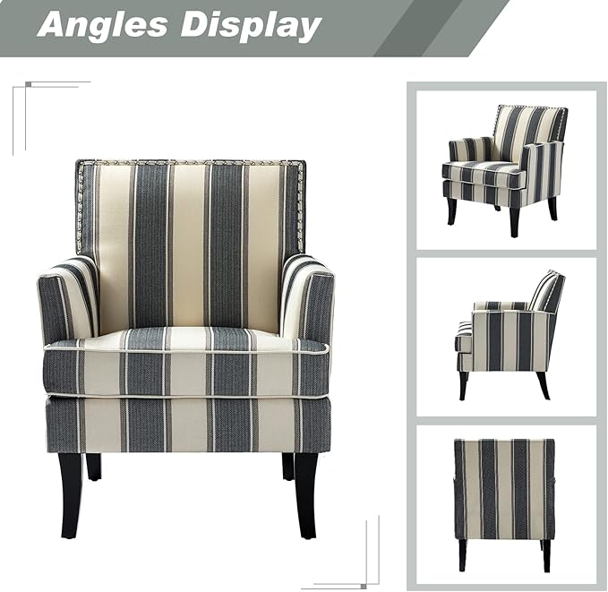 HULALA HOME Living Room Armchair Farmhouse Striped Accent Reading Chair with Wooden Legs &amp High Back Rest &amp Padded Armrest &amp Nail Head Trim for Lounge/Bedroom Striped Black