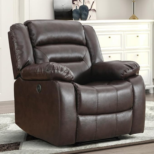 EBELLO Faux Leather Power Recliner Chair Oversized Electric Overstuffed Reclining Chair with Thick Cushion and Back Single Sofa with Comfortable Armrest USB Charge Port Brown (Recliner)