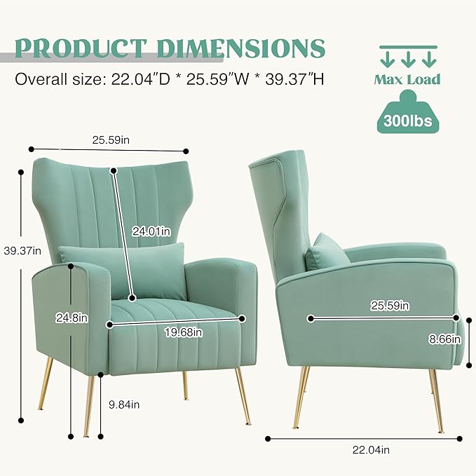 Accent Chairs Set of 2Upholstered Living Room ChairsHigh Back Arm Chairs with Metal Legs Lumbar Reading Chairs for Living RoomBedroom Apartment Lake Green