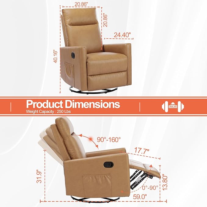 Sweetcrispy Recliner Chair 360 Swivel Rocker Chair for Adults Glider Rocker Recliners Nursery Chairs for Living Room High Back Upholstered Deep Seat Classical Brown