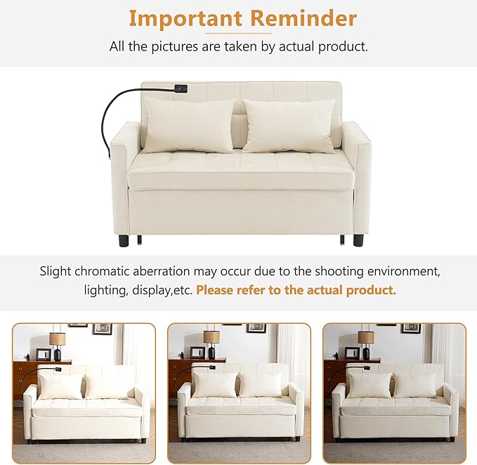 Anwick Modern 56.9 Convertible Sleeper Sofa Bed 3 in 1 Comfy Velvet Loveseat Sleeper Chair BedAdjustable BackrestTwo USB Ports and Phone HolderPull Out CouchLoveseatSectional Sofa Bed (Beige)