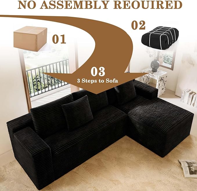 104 Black Boneless Couch with Chaise Sectional Couches for Living Room L Shaped Couch 4 Seat SofaCompression Sofa for Bedroom Comfy No Assembly Corduroy (Black Right)