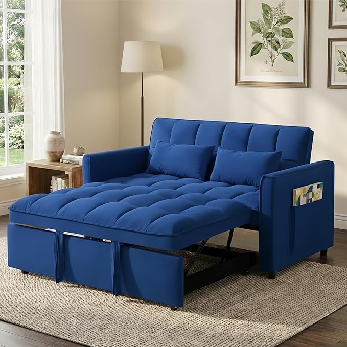 3-in-1 Convertible Sofa Bed 55'' Pull Out Couch Bed with Adjustable Backrest Velvet Fabric Sleeper Loveseat Sofa with Side Pocket Perfect for Living Room Easy Assembly(Blue)
