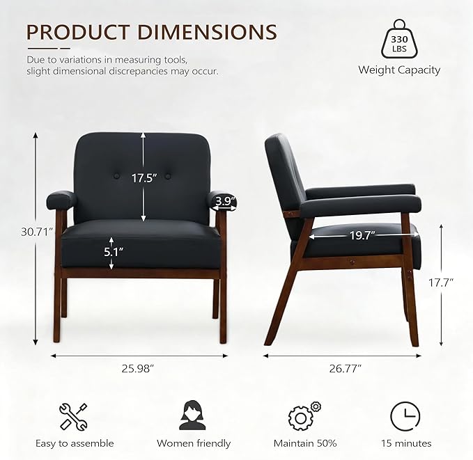 JIASTING Accent Chairs Set of 2 Black Leather Chairs with Solid Wood Frame Tufted Small Mid-Century Modern Wooden Arm Chair Comfy Office Reading Armchair for Living Room Bedroom (2)