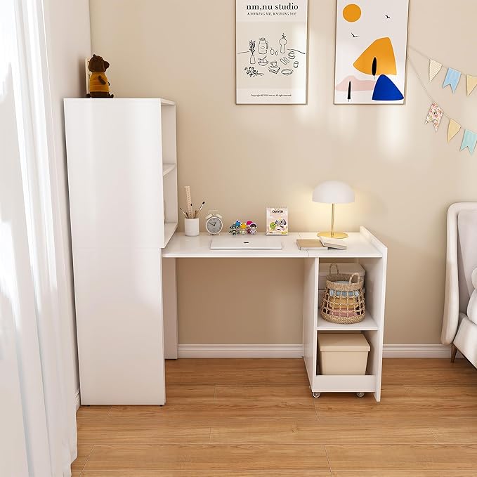 Montary Expandable and Foldable Desk Mobile Office Desk with Storage Shelves &amp Wheels Compact Computer Desk for Small Space Reversible L Shaped Desk (White)