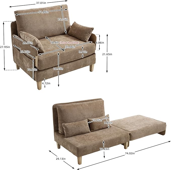 GDFStudio Foldable Sofa Bed Recliner 3-in-1 Convertible Sleeper Sofa with Pillows Mid Century Modern Chenille Upholstery for Small Spaces Bedroom Study Room Guest Room Light Brown