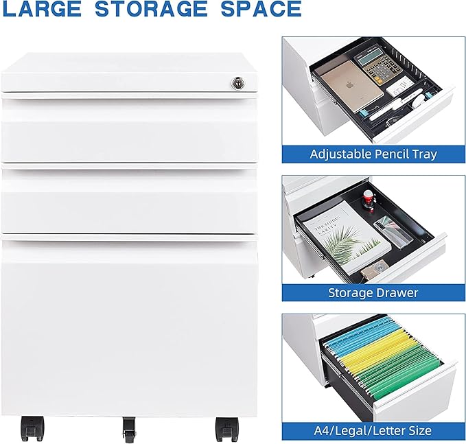 3 Drawer Mobile File Cabinet with Lock Under Desk Metal Filing Cabinet for Legal/Letter/A4 File Installation Required (White)