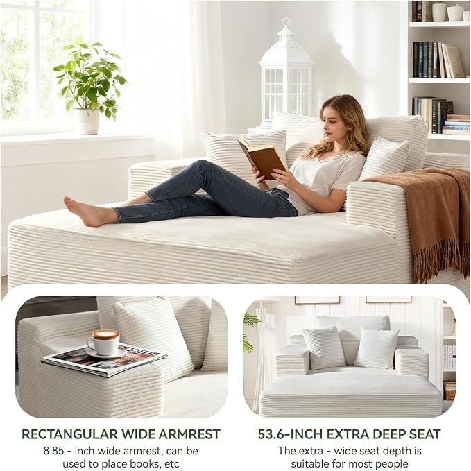 66 Oversized Chaise Lounge Chair Indoor Corduroy Upholstered Sofa Bed with Pocket Springs&ampHigh-Density Foam Deep Seat Sleeper Couch with 3 Pillows No Assembly for Living Room (Beige)