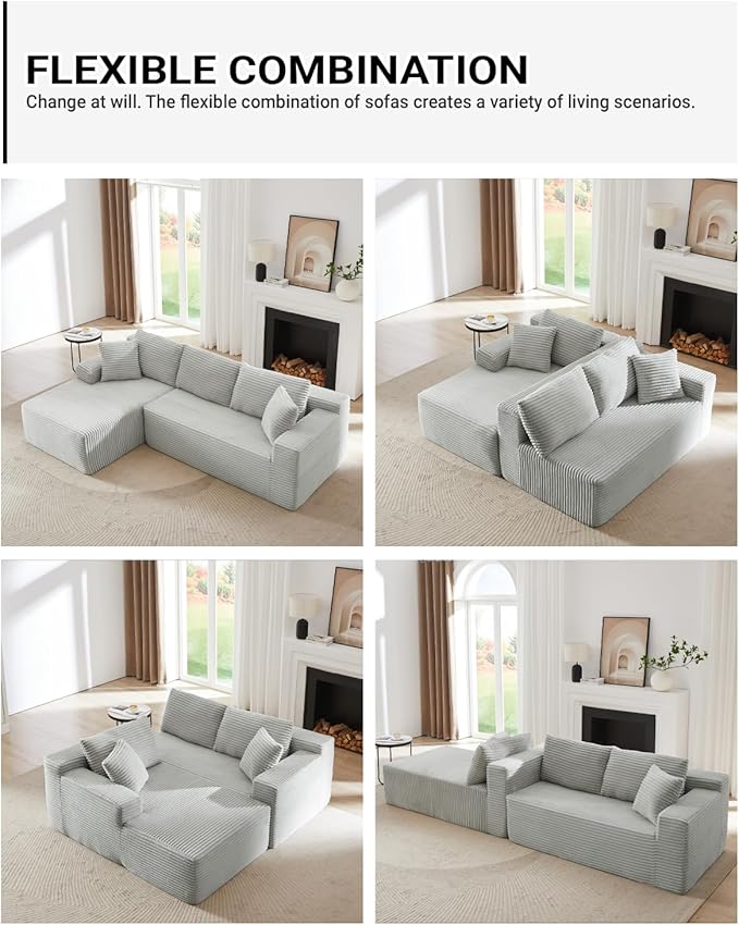 Cloud Sectional Couch 105 Inch Modular Sectional Sofa with Deep Seat Corduroy Boneless Couches with L-Shape Chaise for Living Room Bedroom Left Facing Chaise No Assembly Required (Light Grey)