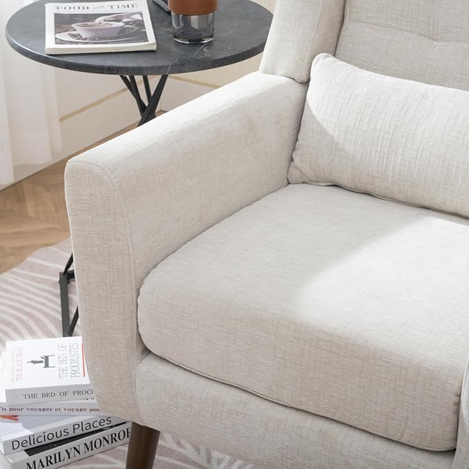 Modern Accent Chair Upholstered in Chenille Fabric Perfect for Living Room or Bedroom (Beige)