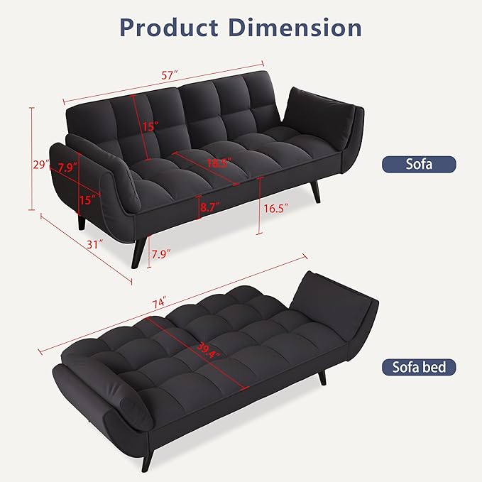 Olela Futon Sofa Bed Convertible Sleeper Couch 74 W Modern Velvet Loveseat with Adjustable Backrests and Solid Wood Legs for Living Room Bedroom Small Space (Black)