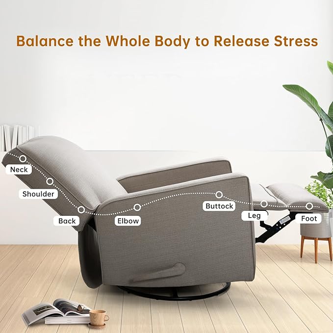 Swivel Rocker Recliner Chair for Adults High Back Fabric Recliner with Deep Seat Manual Glider for Living Room &amp Nursery Grey