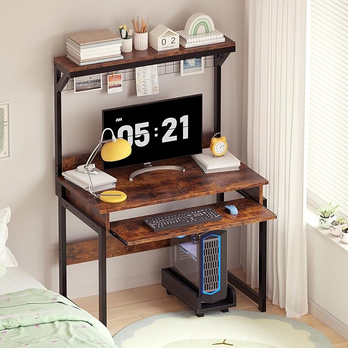 31.5 Small Computer Desk with Hutch Office Desk Study Table Writing Desk Workstation PC Table for Home Office Space Saving Design Brown