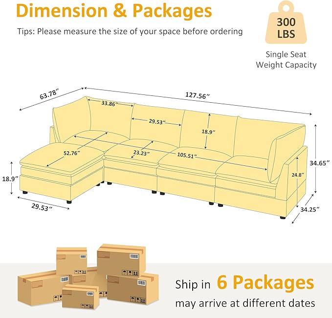 VANOMi L Shape Modular Sectional Sofa Couch for Living Room Oversized Modern Sleeper Cloud Couch with Deep Seat Double-Layer Thick Cushion Movable Ottoman Convertible Upholstered Sofa Set Curry