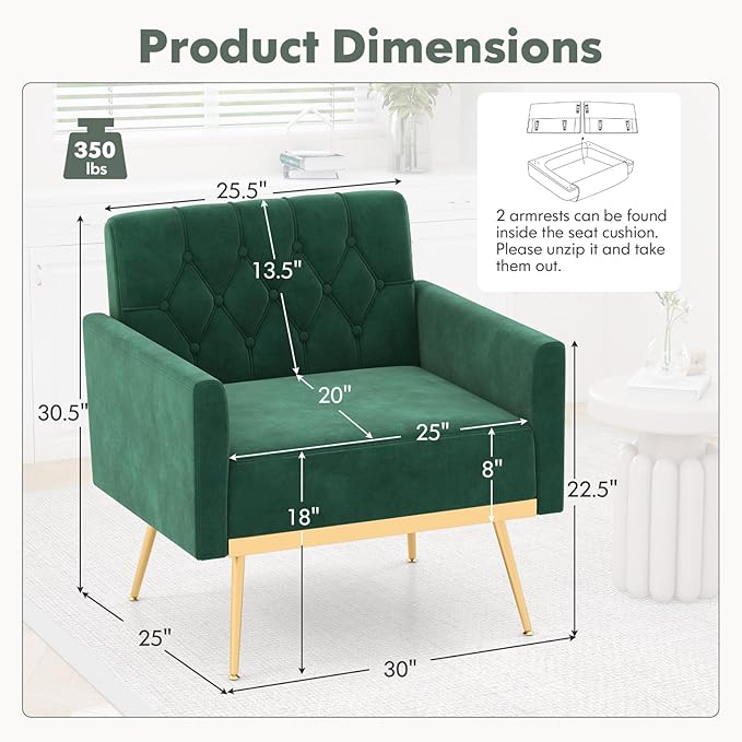 KOMFOTT Velvet Accent Chairs Set of 2 Modern Tufted Arm Chair with Golden Metal Legs &amp Adjustable Foot Pads Upholstered Sofa Chair Reading Chair for Bedroom Comfy Living Room Chairs Green