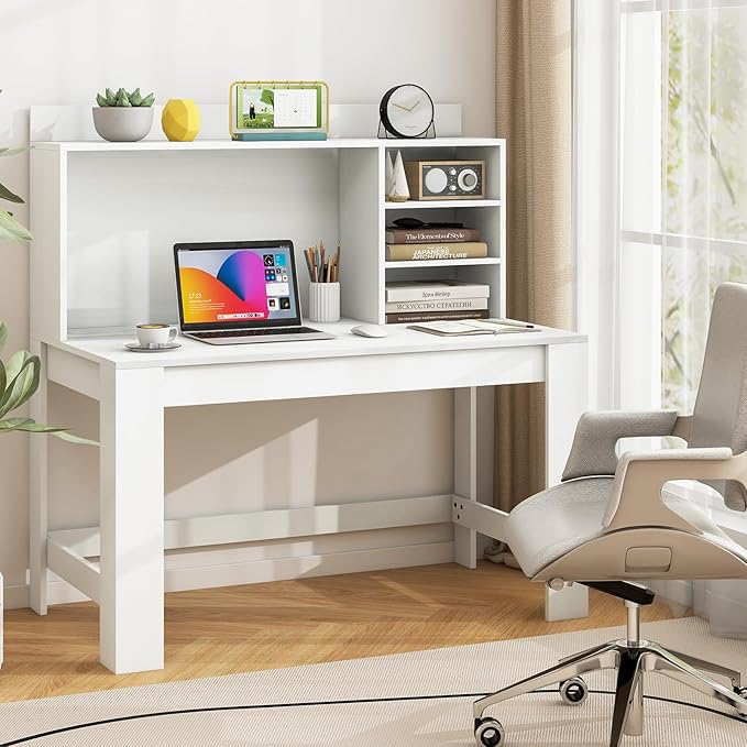 Tangkula 48“ Computer Desk with Hutch Home Office Writing Study Desk with Storage Shelves Cable Management Hole Laptop Desk Desk for Bedroom Computer Workstation (White)