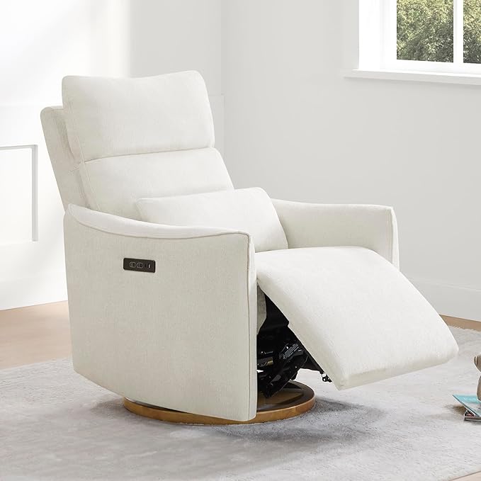 CHITA Swivel Rocker Recliner Chair Power Nursery Glider Recliner Nursery Rocking Chair with Adjustable Power Headrest FSC Certified Solid Wood Base Cream