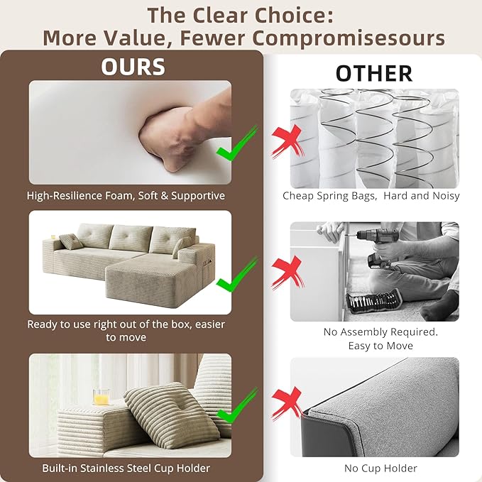 109 Boneless Couches for Living Room Modular Sectional Sofa with Oversized Chaise L-Shape Cloud Couch with Deep Seat (Beige Right Facing Chaise)