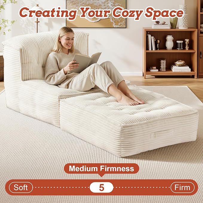Folding Sofa Bed 5-in-1 Convertible Sleeper Reading Chair Corduroy Futon Sofa Bed Foldable Mattress with Back Support Portable Fold Out Chair Bed Comfy Floor Lounge for Living Room Bedroom