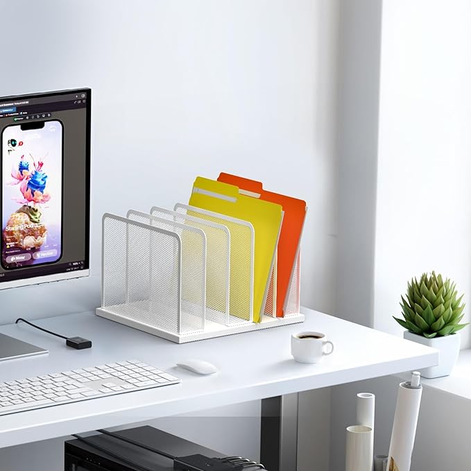 Kuntine.B Desk File Organizer Upright Mesh Desktop Organizer File Sorter Office Organization File Holder for Home Office &amp Classroom (White 1 Pack 5-Section)