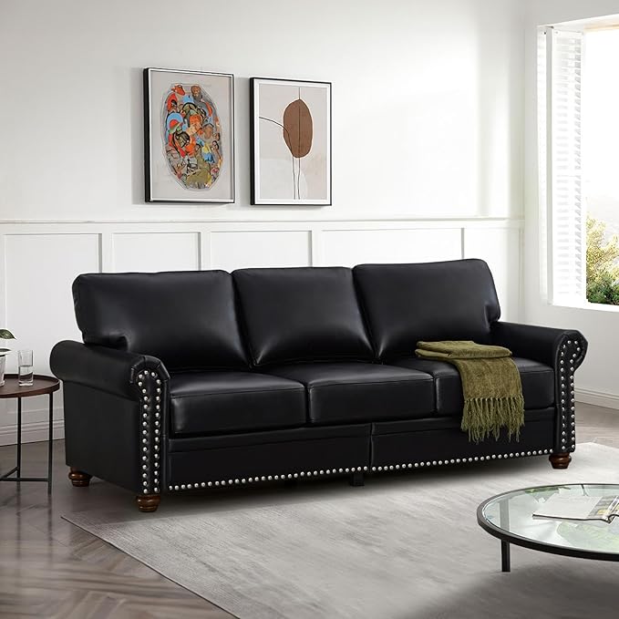 Antetek 2-Piece Comfy Upholstered PU Leather Sofa Couch Set Mid-Century Modern Loveseat Sofa+3 Seater Couch with Storage Space for Living Room Furniture Set Black