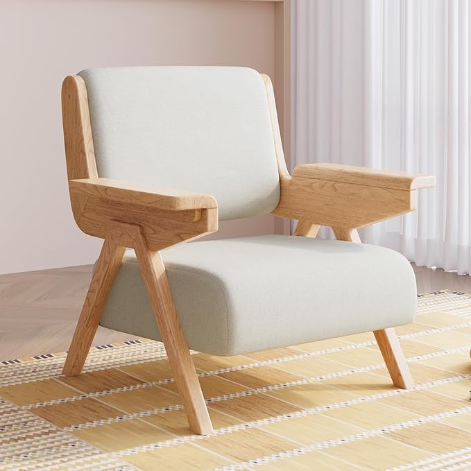 Accent Chair Mid Century Modern Chair Velvet Upholstered Lounge Arm Chair with Solid Wood Cozy Reading Chair for Living Room Bedroom Balcony(White)