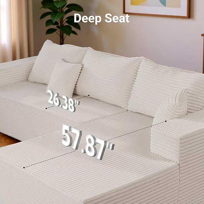 Claiks 104 Boneless Couch Cloud Couch Sectional L-Shape Corduroy Modular Sectional Sofa Deep Seat Upholstered Couches for Living Room No Assembly Required Beige Right Facing Chaise
