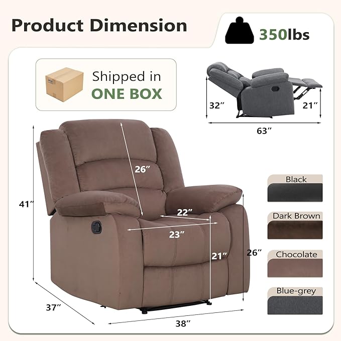 ANJ Fabric Recliner Chair Set of 2 with Overstuffed Arm and Back Comfy Chocolate Manual Reclining Chairs for Adults Living Room Single Sofa Recliners
