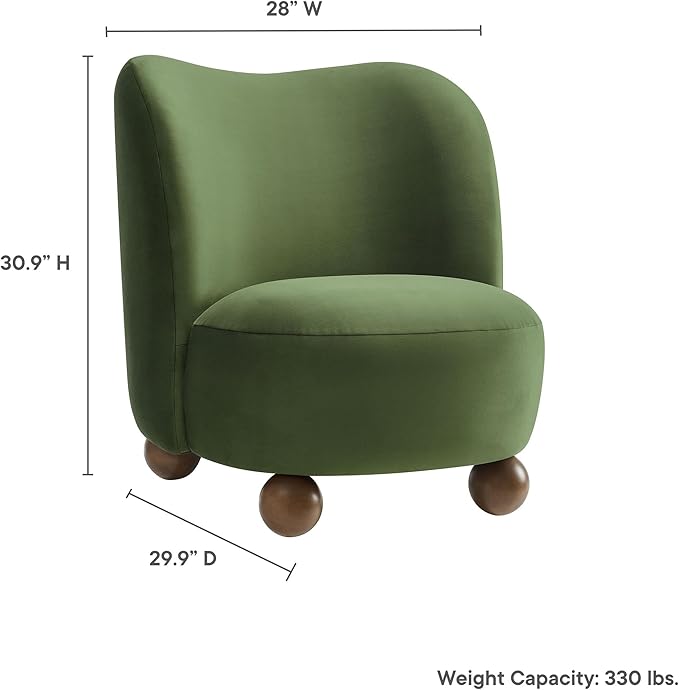 Modway Monroe Performance Velvet Accent Chair in Moss Green Walnut - Upholstered Stain-Resistant Barrel Chair - Comfy Lounge Chair - Oversized Round Armless Reading Chair for Living Room