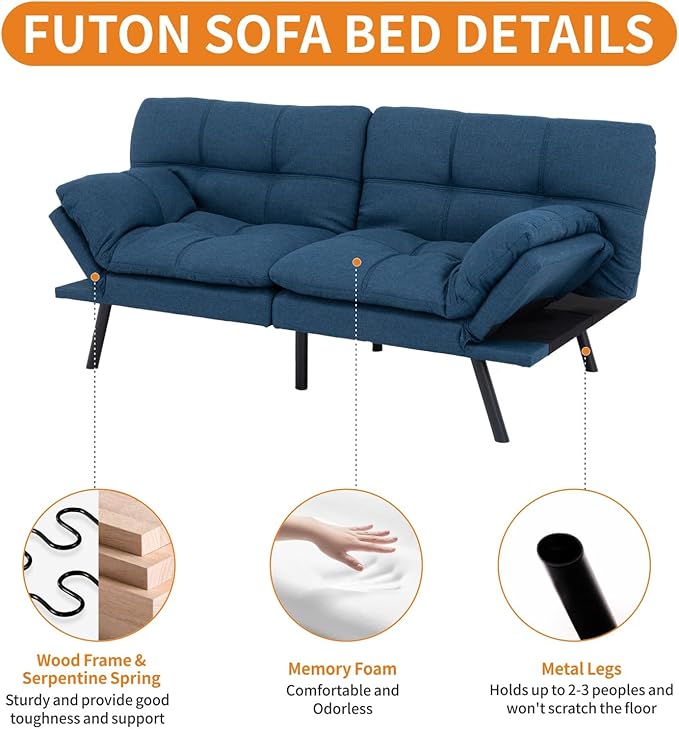 MUUEGM 71-Inch Convertible Futon Sofa Bed with Adjustable Backrest &amp Removable Armrests Foldable Sleeper Loveseat for Small Space Living Room Studio Apartment Home OfficeBlue