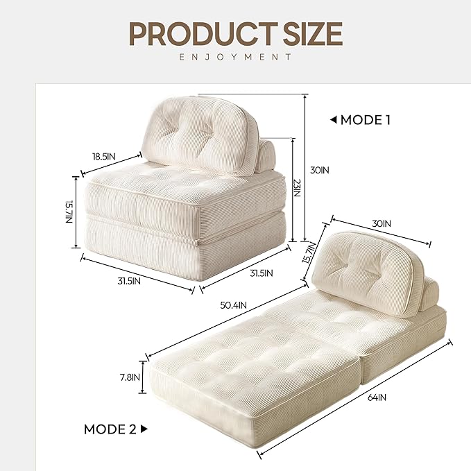 Dowinx Folding Sofa Bed with Pillow Convertible Comfy Couch Bed for Adults Home Lounge and Gaming Modern Comfortable Design for Apartment Living Room Bedroom Single Ribbed Velvet White
