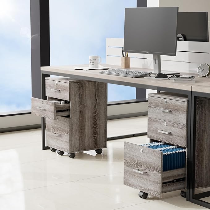 VINGLI 3-Drawer File Cabinet with Lock Wood Rolling Filing Cabinets for Home Office Mobile Printer Stand Under Desk File Organizer for Letter Sized Files 26 H(Caster Included)Gray Oak