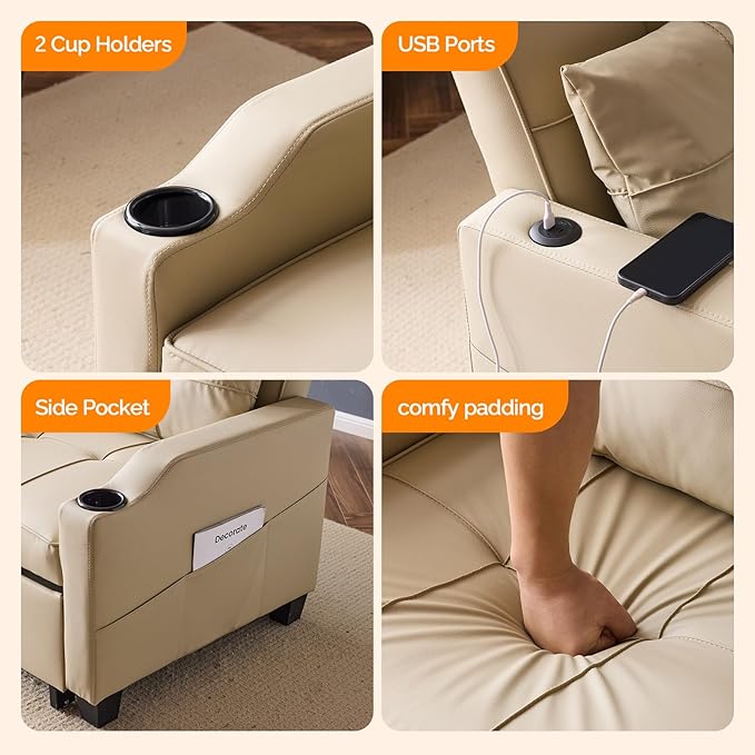 VINGLI Sofa Bed Chair Recliner 3-in-1 Convertible Sleeper Sofa Chair Bed Beige Daybed Pull Out Couch Bed with Adjustable Backrest USB Ports Cup Holders for Small Spaces Living Room