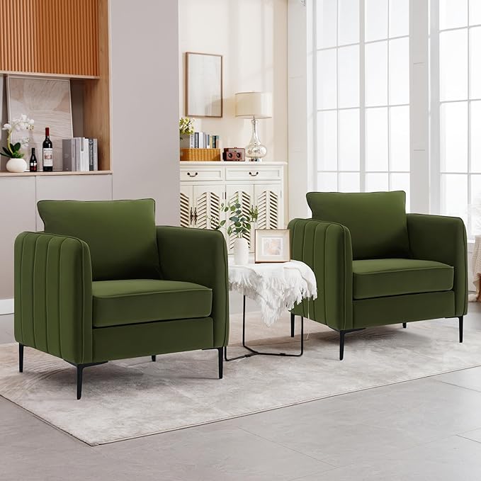 Olive Green Accent Chairs for Living Room Modern Upholstered Accent Chair Comfy Velvet Armchair with Thick Cushion Single Sofa/Side Chair for Bedroom Office Reading Chair