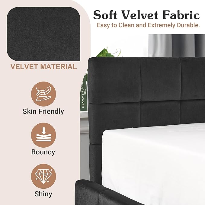 Queen Corner Bed Frame with Storage Drawers Modern Velvet Upholstered Sofa Day Bed Frame with Wood Slats for Living Room Bedroom Guest Room No Box Spring Needed Black