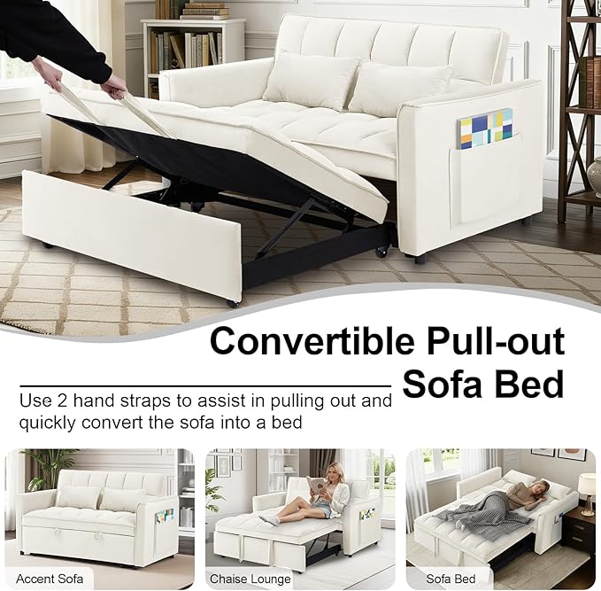 3 in 1 Convertible Sofa Bed Pull Out Couch with Adjustable Backrest Velvet Sleeper Sofa Loveseat with Pillows and Side Pockets for Living Room Bedroom Apartment Beige