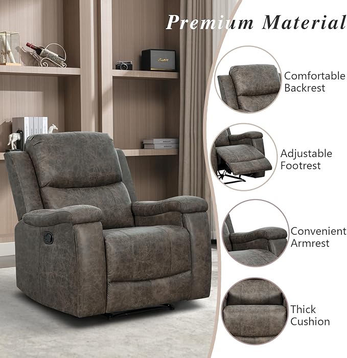 EBELLO Grey Recliner Chair Single Overstuffed Sofa Recliners Breathable Faux Leather Manual Reclining Chairs with Hidden Cup Holder Arm and Back for Adults Living Room Bedroom Grey