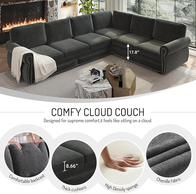 118 Sleeper Sofa Bed Sectional Couches for Living Room/Apartment Chenille L Shaped Couch with Pull Out Couch Bed Convertible Sectional Sofa with Rolled Arm &amp Nailhead Trim Dark Grey